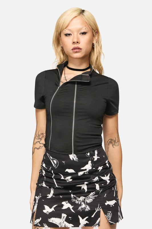 Image of a model wearing Tops. Productname: Eyes Closed Zip Top in Black colour by brand - Black Friday