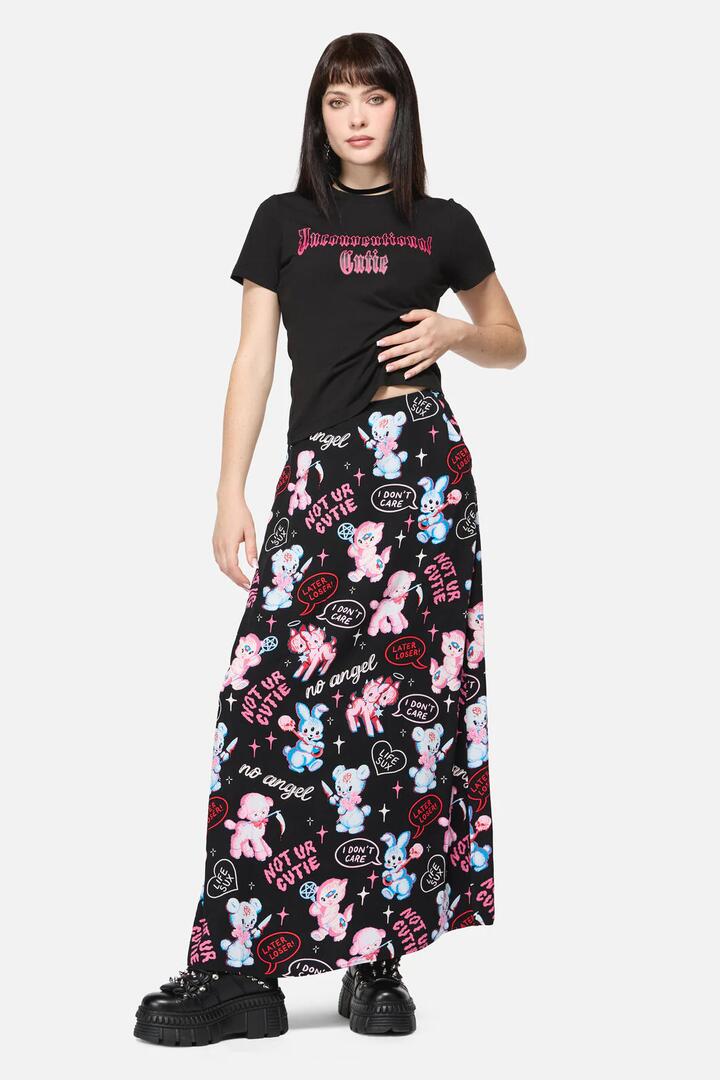 Image of a model wearing Skirts. Productname: Creeps Goth Midi Skirt in Black colour by brand - Dangerfield
