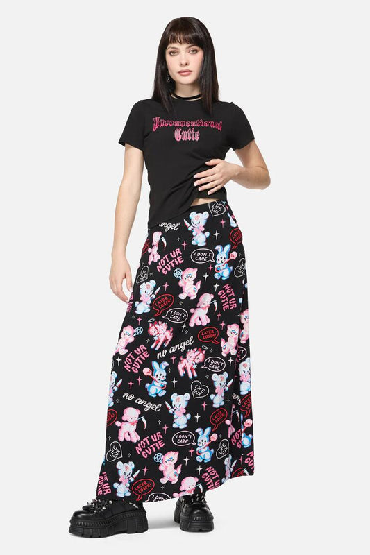 Image of a model wearing Skirts. Productname: Creeps Goth Midi Skirt in Black colour by brand - Dangerfield