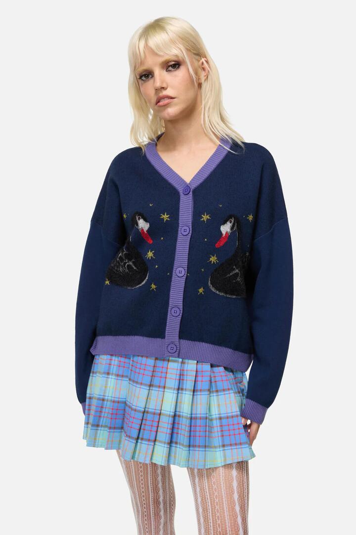 Image of a model wearing Outerwear. Productname: Feathers Goth Cardigan in Navy colour by brand - Dangerfield