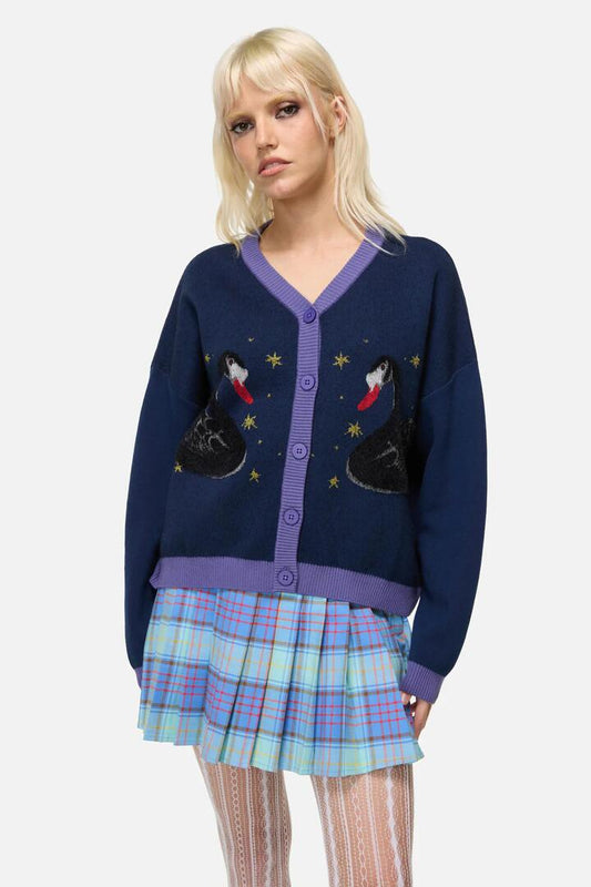 Image of a model wearing Outerwear. Productname: Feathers Goth Cardigan in Navy colour by brand - Dangerfield