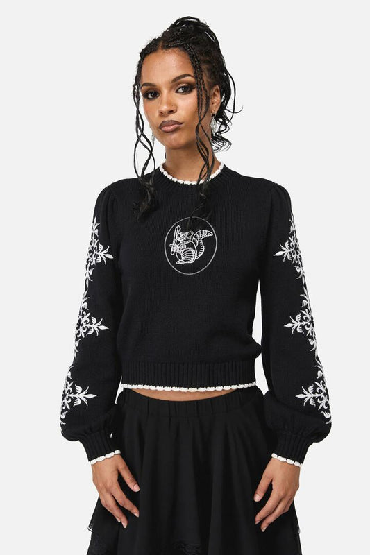Image of a model wearing Tops. Product name - Vassal Embroidered Knit in Black colour by brand - Black Friday