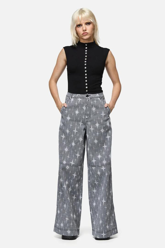Image of a model wearing Pants. Productname: Odette Wide Leg Jean in Black colour by brand - Dangerfield