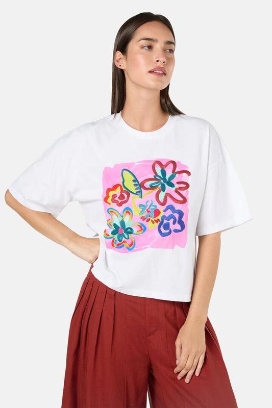 Image of T-Shirts. Product name - Abstract Flower Embroidered Relaxed Tee in Print colour by brand - Gorman