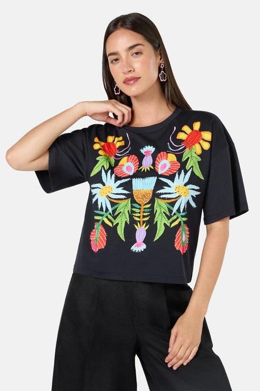 Image of T-Shirts. Product name - Whimsical Blooms Print Relaxed Tee in Black colour by brand - Gorman