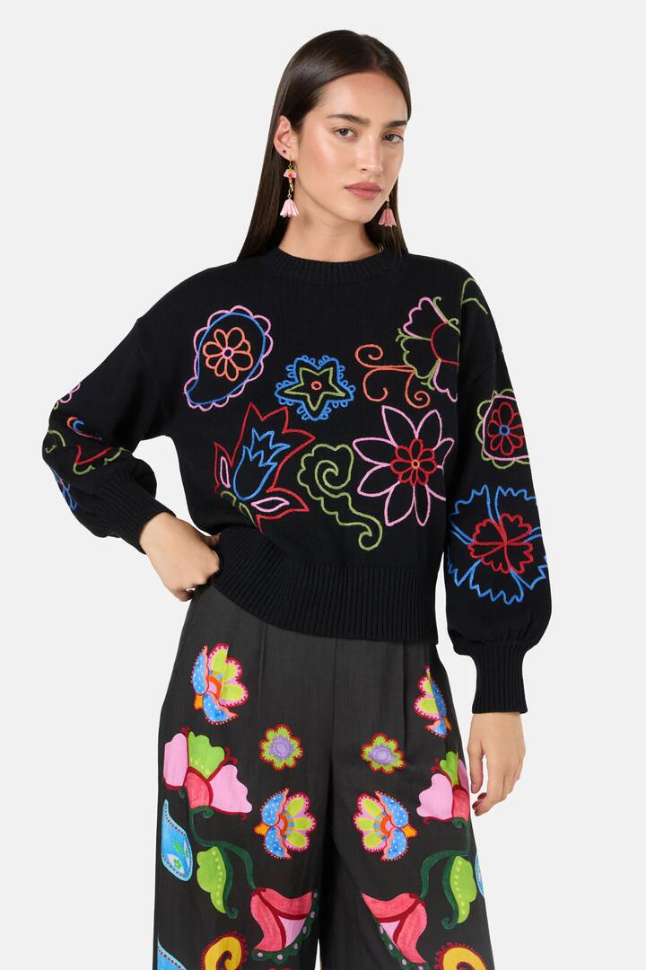 Image of a model wearing Outerwear. Productname: Paisley Embroidered Jumper in Black colour by brand - Gorman