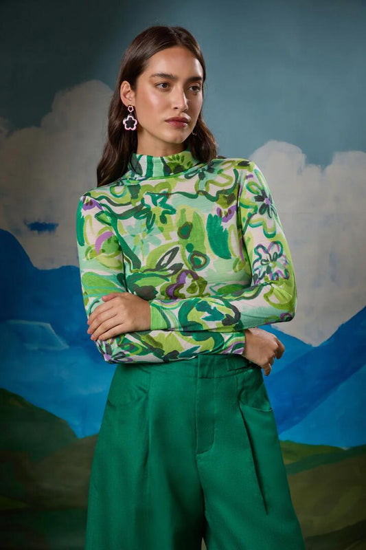 Image of a model wearing Tops. Productname: Abstract Flower Merino Polo in Print colour by brand - Gorman