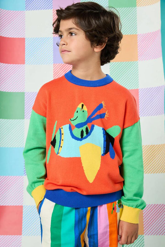 Image of a model wearing Outerwear. Productname: Flying Frogs Kids Knit in Multi colour by brand - Gorman