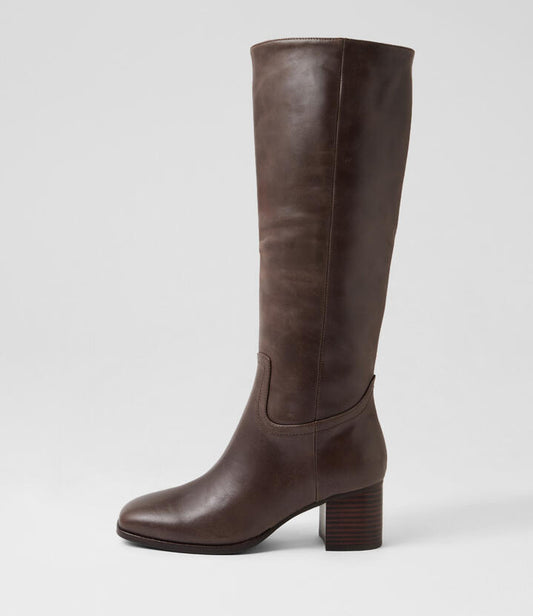 Image of Boots. Productname: Zucker Choc Leather Knee High Boots in Choc-Choc Heel colour by brand - MIDAS