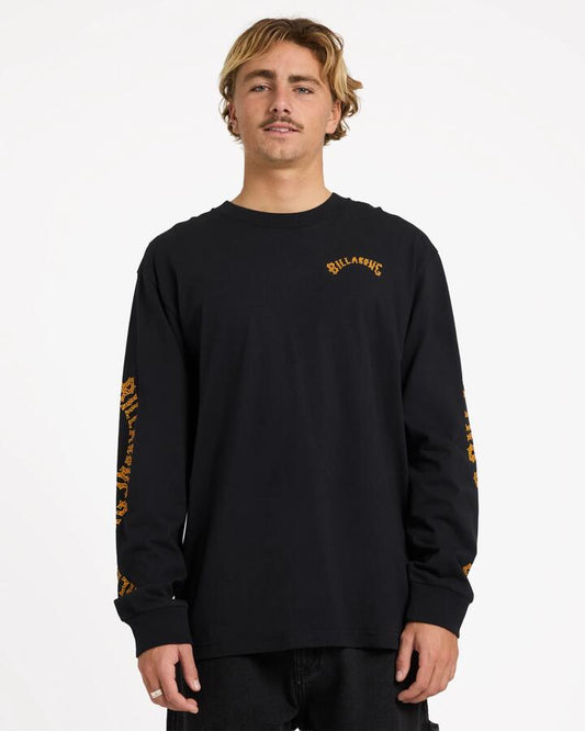 Image of a model wearing Tops. Product name - Billabong Mens Otis Arch Long Sleeve T-Shirt Black in Black colour by brand - Billabong