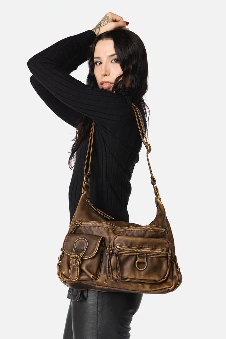 Image of Bags. Productname: Distressed Chocolate Zip Bag in Chocolate colour by brand - Dangerfield