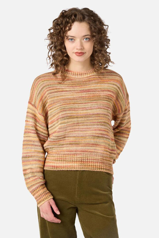 Image of a model wearing Outerwear. Productname: Aspen Multi Colour Knit Jumper in Sunset colour by brand - Princess Highway