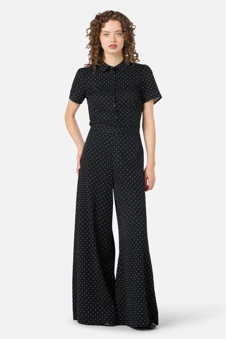 Image of a model wearing Pants. Productname: Dolly Spot Palazzo Pant in Black colour by brand - Princess Highway