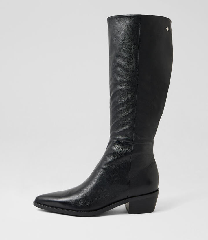 Image of Boots. Product name - Demio Black Leather Knee High Boots in Black-Black Heel colour by brand - MIDAS