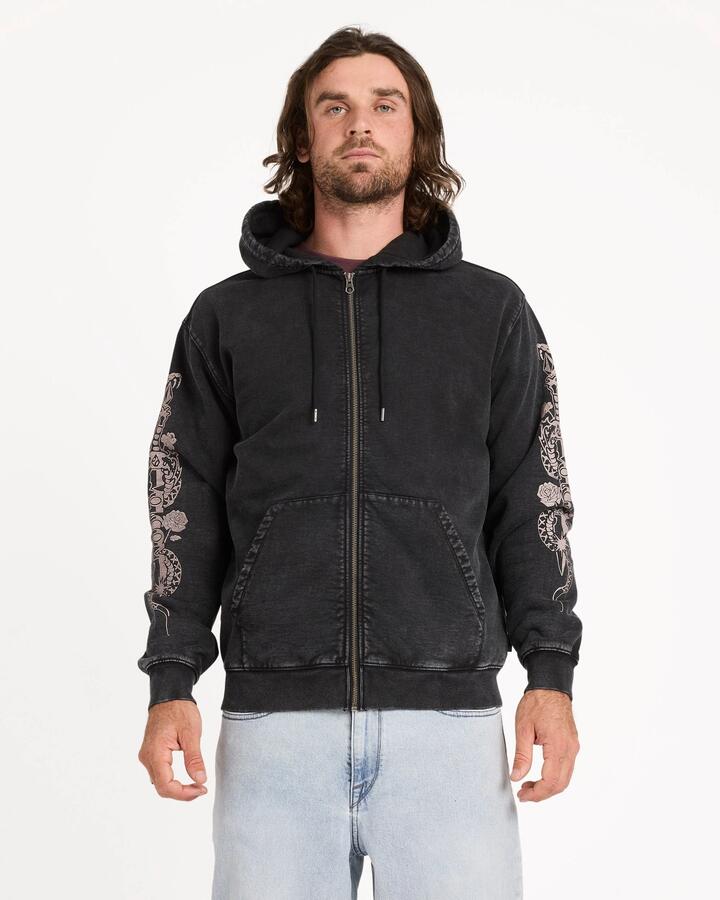 Image of a model wearing Outerwear. Product name - Volcom Mens Die By The Stone Zip Up Hoodie Light Acid Black in Light Acid Black colour by brand - Volcom