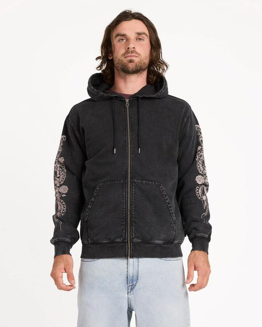 Image of a model wearing Outerwear. Product name - Volcom Mens Die By The Stone Zip Up Hoodie Light Acid Black in Light Acid Black colour by brand - Volcom