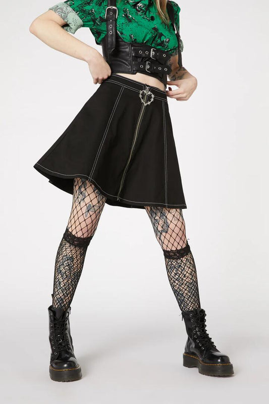 Image of a model wearing Skirts. Productname: Metal Heart Zip Skater Skirt in Black colour by brand - Dangerfield