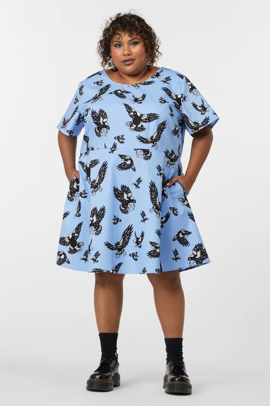 Image of Dresses. Productname: Curve Swoopin Magpie Skate Dress in Blue colour by brand - Dangerfield