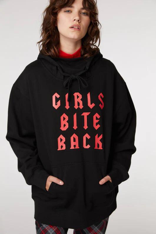 Image of a model wearing Outerwear. Productname: Girls Bite Back Hoodie in Black colour by brand - Black Friday