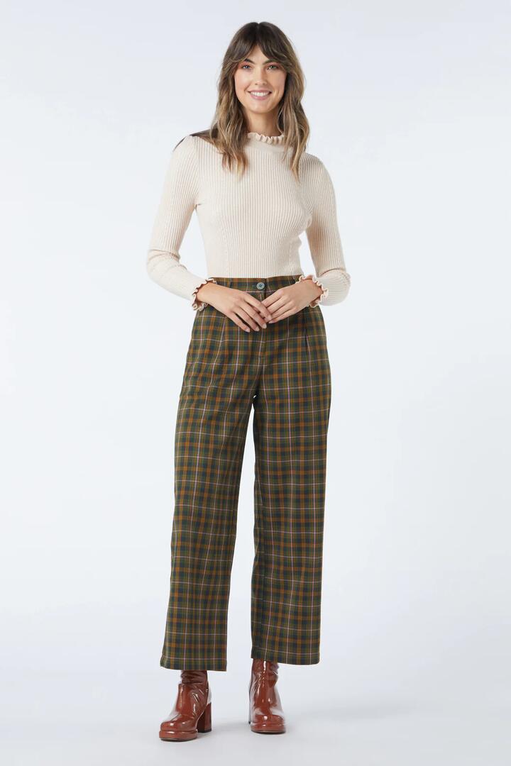 Image of a model wearing Pants. Productname: Ginger Check Pant in Plum colour by brand - Princess Highway