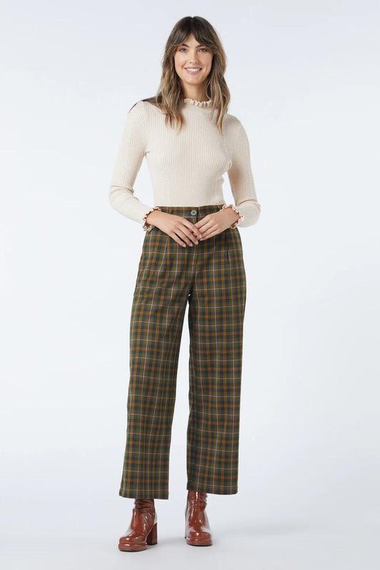 Image of a model wearing Pants. Productname: Ginger Check Pant in Plum colour by brand - Princess Highway