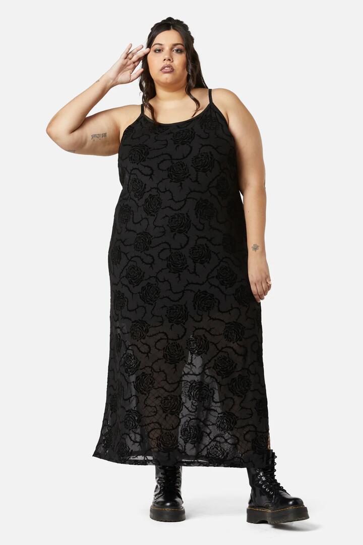 Image of Dresses. Productname: Curve Decaying Days Flock Mesh Dress in Black colour by brand - Dangerfield