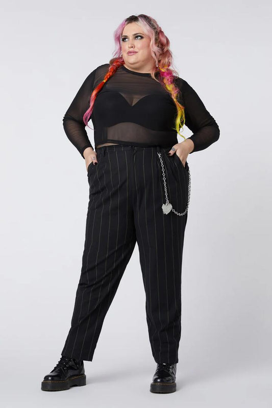Image of a model wearing Pants. Productname: Curve Mystery Pinstripe Pant in Black colour by brand - Dangerfield