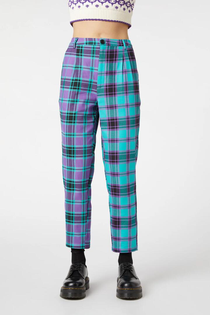 Image of a model wearing Pants. Productname: Grinning Tartan Pants in Purple/Teal colour by brand - Dangerfield