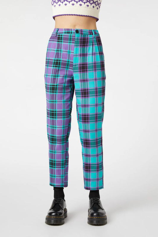 Image of a model wearing Pants. Productname: Grinning Tartan Pants in Purple/Teal colour by brand - Dangerfield