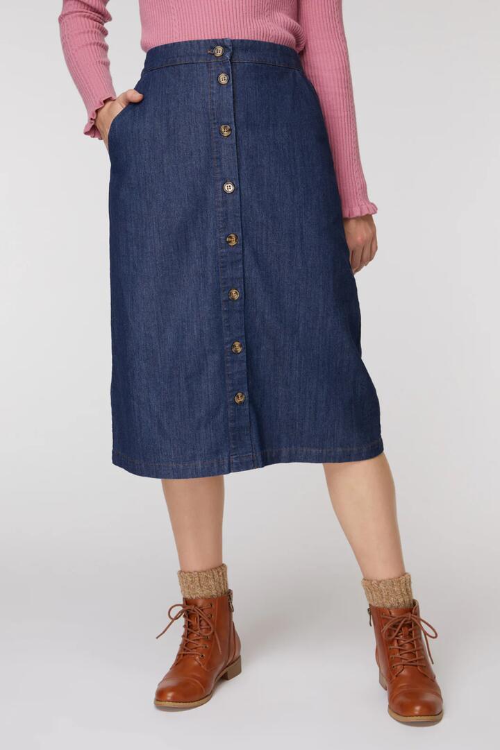 Image of a model wearing Skirts. Productname: Alexandra Skirt in Dark Denim colour by brand - Princess Highway