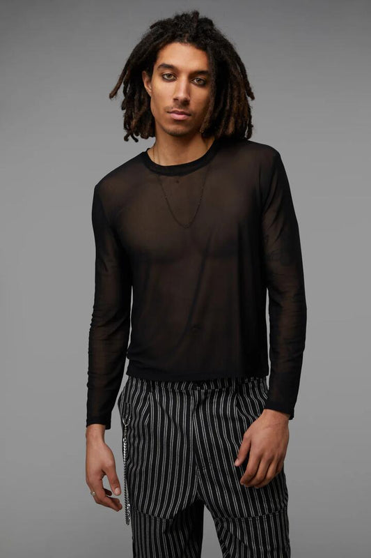Image of a model wearing Tops. Productname: Back Alley Long Sleeve Mesh Top in Black colour by brand - Black Friday