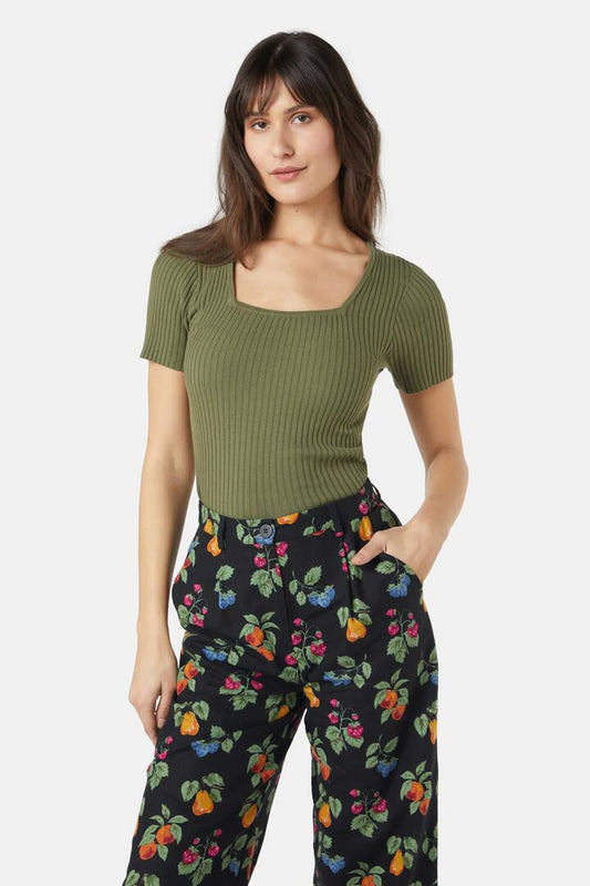 Image of a model wearing Tops. Productname: Aria Short Sleeve Top in Olive colour by brand - Princess Highway