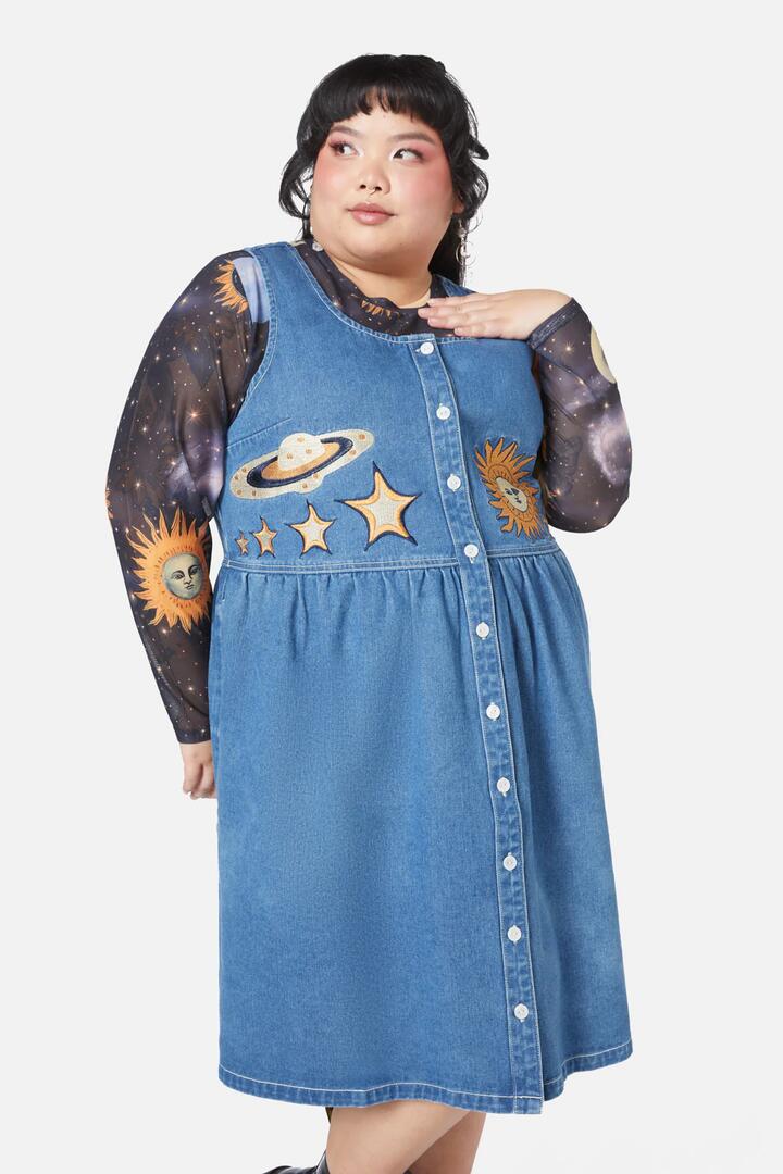 Image of Others. Productname: Curve Moonlit Embroidery Pinny in Indigo colour by brand - Dangerfield