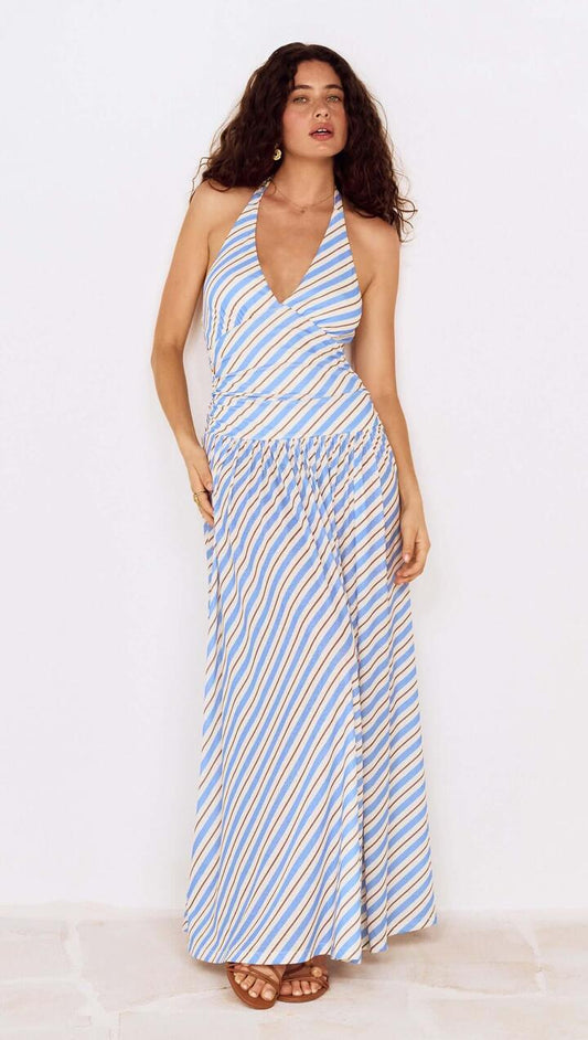 Image of Dresses. Product name - Blue Stripe Halter Neck Midi Dress in Blue/White Stripe colour by brand - MINKPINK