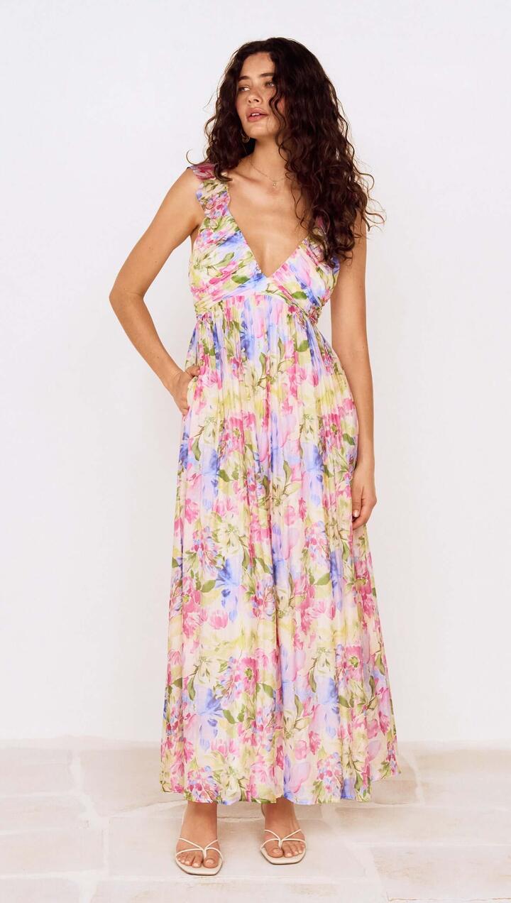 Image of Dresses. Product name - Watercolour Floral Ruffle Maxi Dress in Watercolour Floral colour by brand - MINKPINK