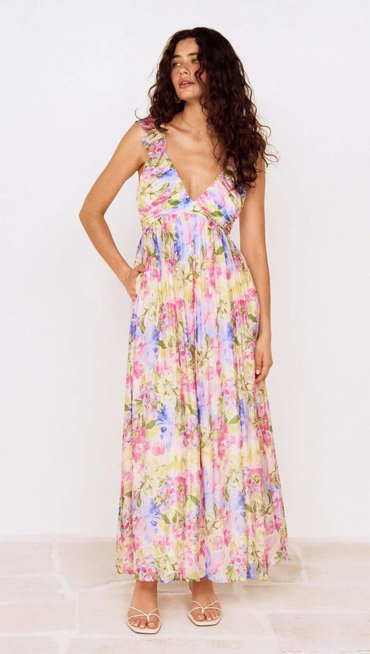Image of Dresses. Product name - Watercolour Floral Ruffle Maxi Dress in Watercolour Floral colour by brand - MINKPINK