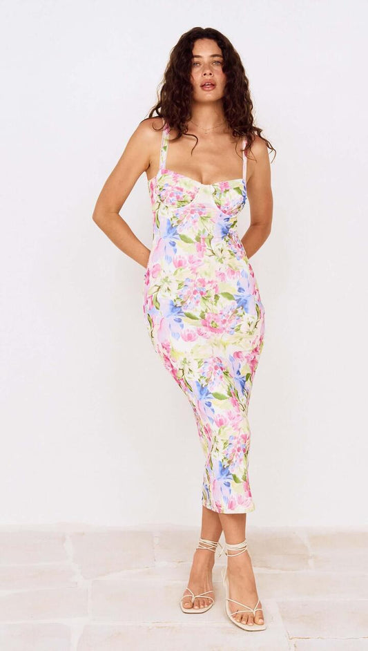 Image of Dresses. Product name - Watercolour Floral Mesh Midi Dress in Watercolour Floral colour by brand - MINKPINK