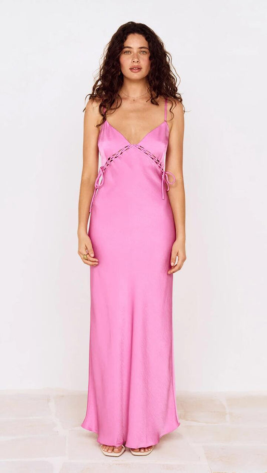 Image of Dresses. Product name - Fuchsia Bias Cut Maxi Dress with Lacing Detail in Fuchsia colour by brand - MINKPINK