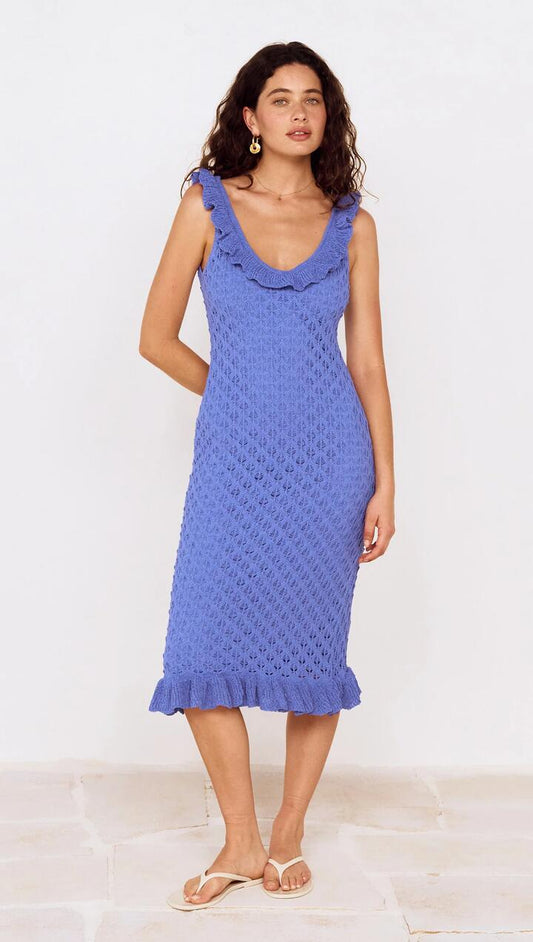 Image of Dresses. Product name - Cobalt Blue Pointelle Midi Dress with Frill Detail in Cobalt Blue colour by brand - MINKPINK