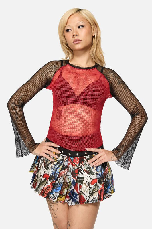 Image of a model wearing Tops. Productname: Facade Goth Mesh Top in Black Red colour by brand - Black Friday