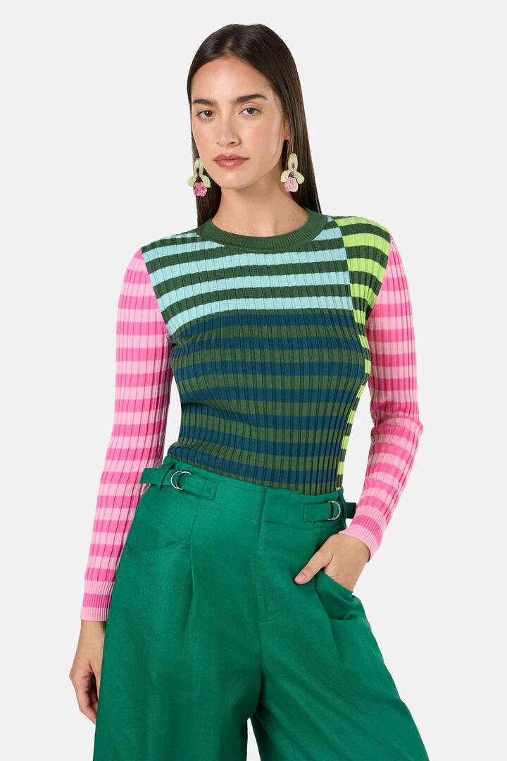 Image of a model wearing Tops. Product name - Linea Stripe Knit Top in Stripe colour by brand - Gorman