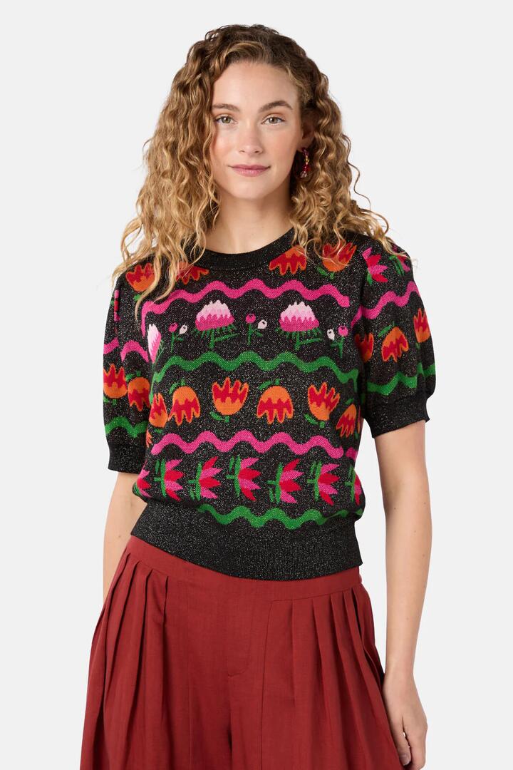Image of a model wearing Tops. Product name - Pretty Protea Knit Top in Multi colour by brand - Gorman