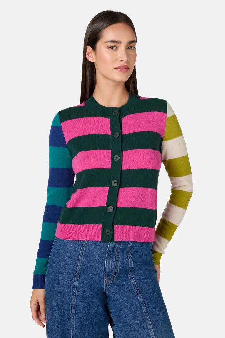 Image of a model wearing Outerwear. Product name - Stripecase Cardigan in Stripe colour by brand - Gorman