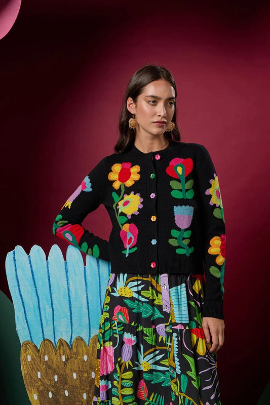 Image of a model wearing Outerwear. Product name - Whimsical Blooms Cardigan in Black colour by brand - Gorman