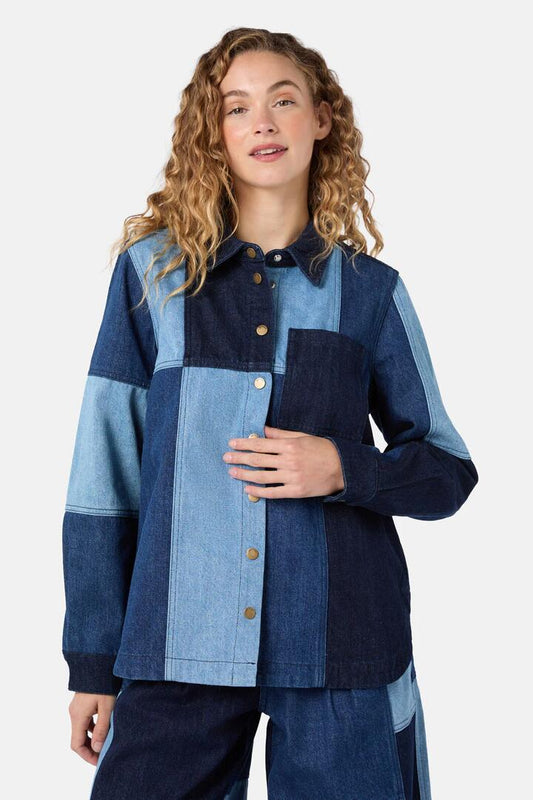 Image of Shirts. Product name - Puzzle Spliced Denim Shirt in Denim colour by brand - Gorman