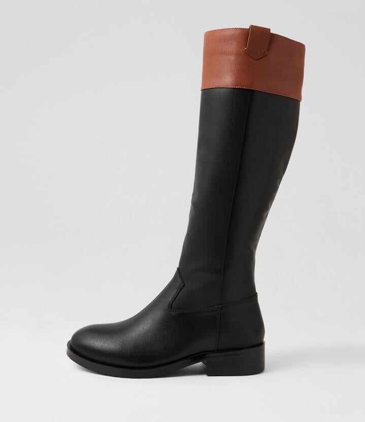 Image of Boots. Product name - Theadore Black Cognac Leather Knee High Boots in Black-Cognac colour by brand - MIDAS
