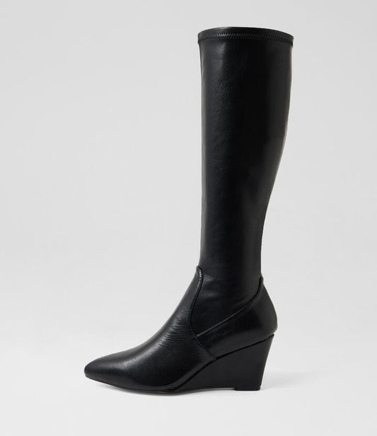 Image of Boots. Product name - Calay Black Smooth Knee High Boots in Black colour by brand - MIDAS