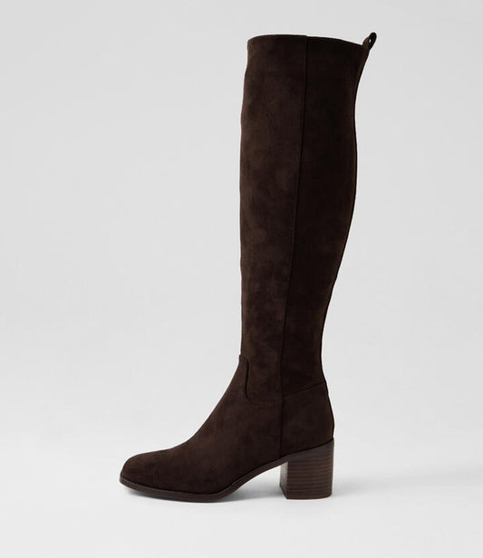 Image of Boots. Product name - Seraya Dark Choc Microsuede Knee High Boots in Dk Choc colour by brand - MOLLINI