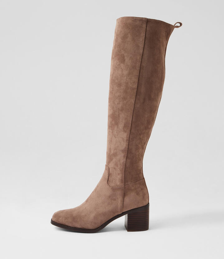 Image of Boots. Product name - Seraya Taupe Microsuede Knee High Boots in Taupe colour by brand - MOLLINI