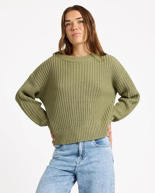 Image of Decor. Product name - Roxy Womens Coming Home Crew Neck Oil Green in Oil Green colour by brand - Roxy